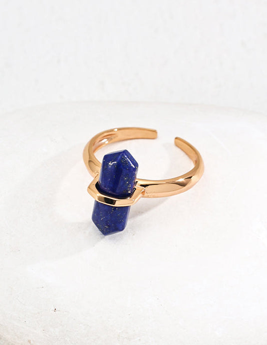 Gold open cuff ring with blue lapis lazuli cube and point cluster