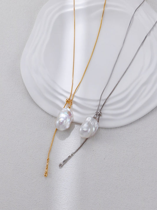 Gold and silver adjustable baroque pearl pendant necklaces with tassel drops