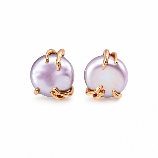 Purple Edison pearl hoop earrings with gold-tone clasp and curved backing