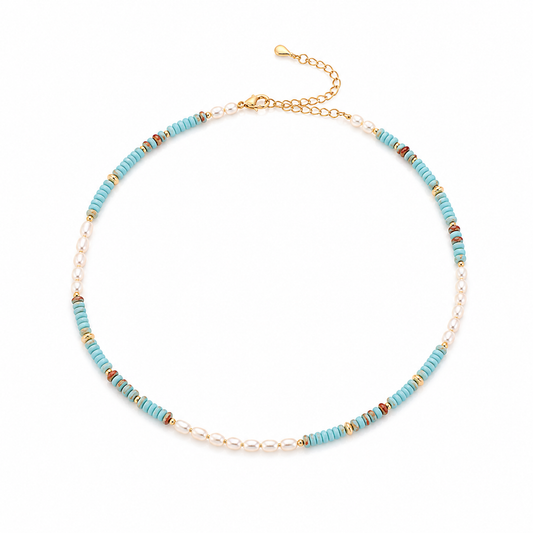 Gold-tone necklace with turquoise bead strands and freshwater pearls, lobster clasp