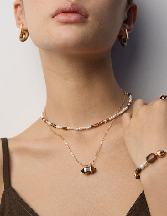 Pearl and amber bead necklace with gold chain and rectangular pendant