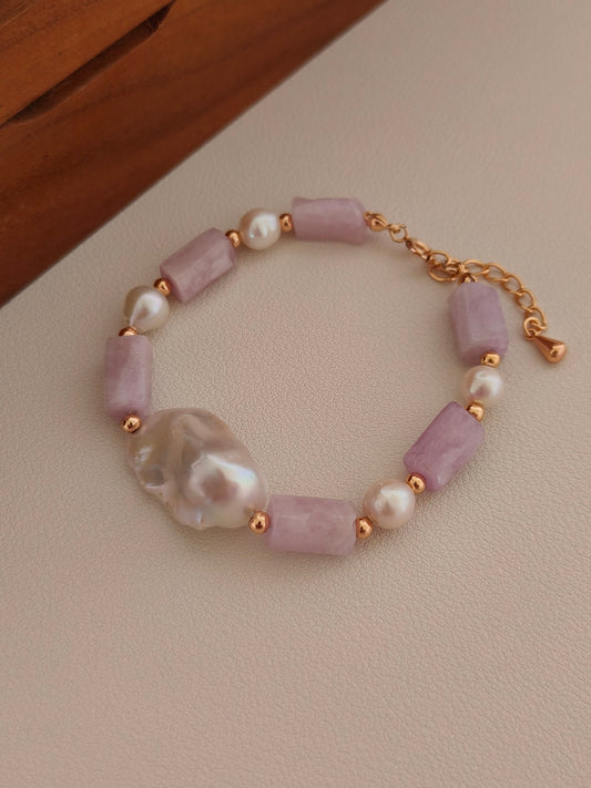 Purple stone and white pearl bead bracelet with gold chain and small charm