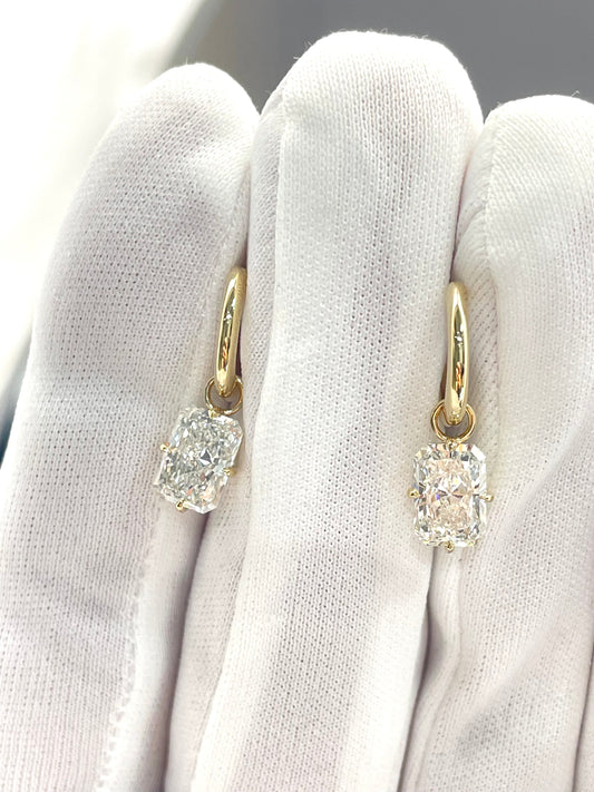 Gold-tone diamond drop earrings, square-cut lab diamonds with thin hoop links