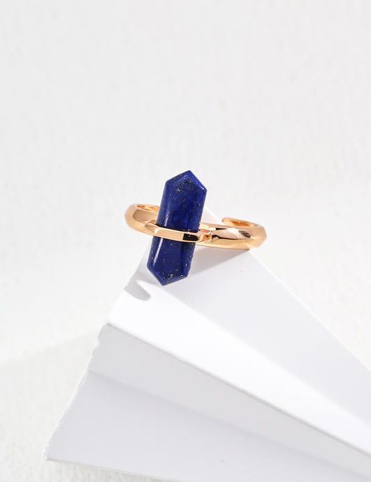 Gold ring with stacked blue lapis lazuli stones and sleek open band