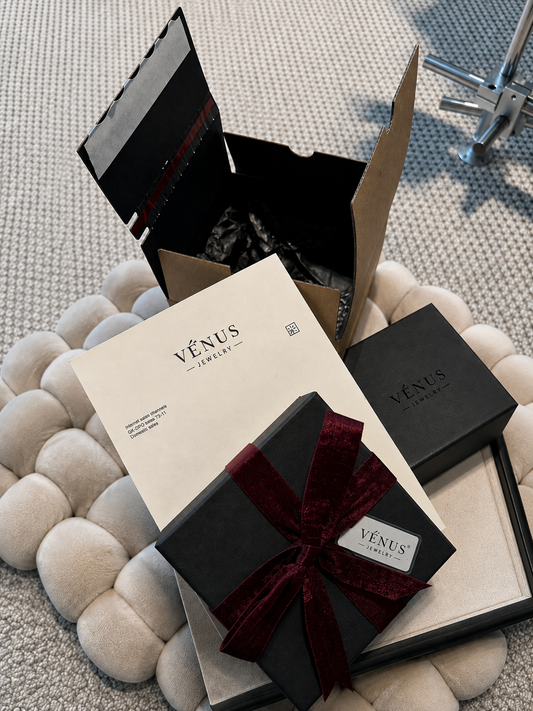 Gift box set with black and red ribbon bow and branded cards