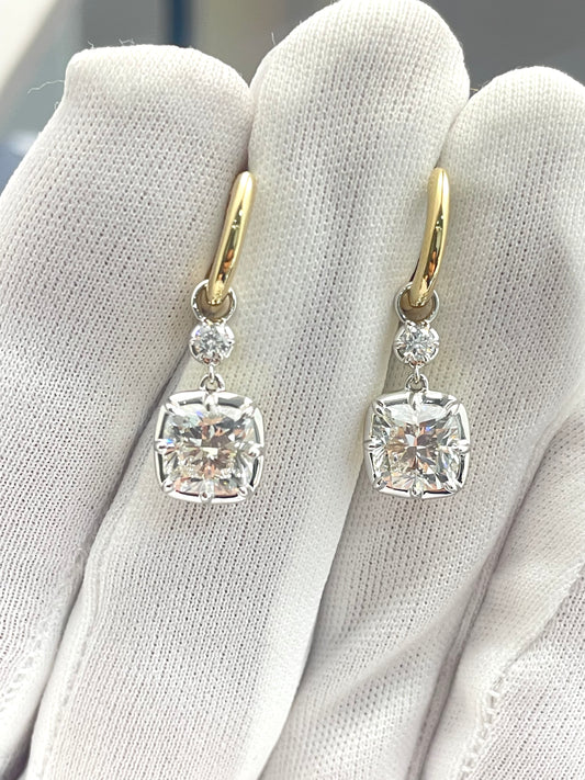 Gold hoop drop earrings with cushion-cut diamond drop squares