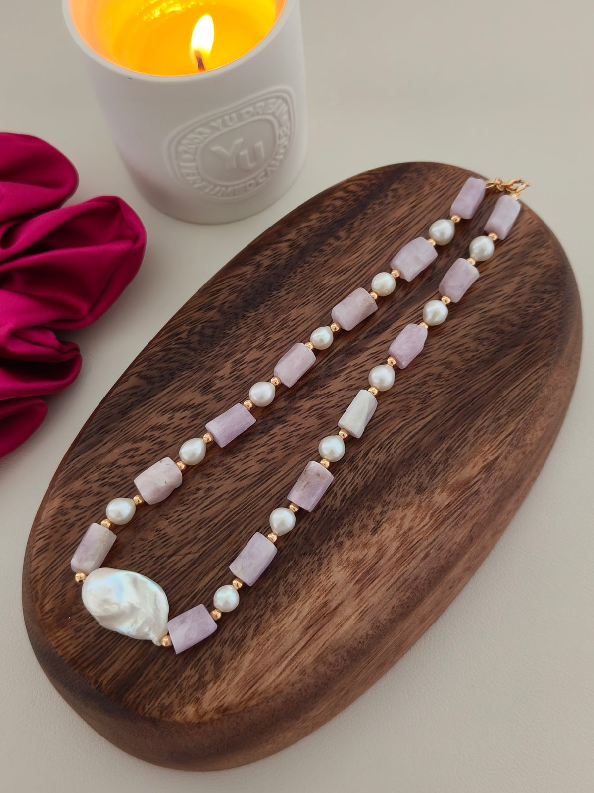Baroque pearl and kunzite necklace with lavender rectangular stones, white pearls, gold chain and clasp