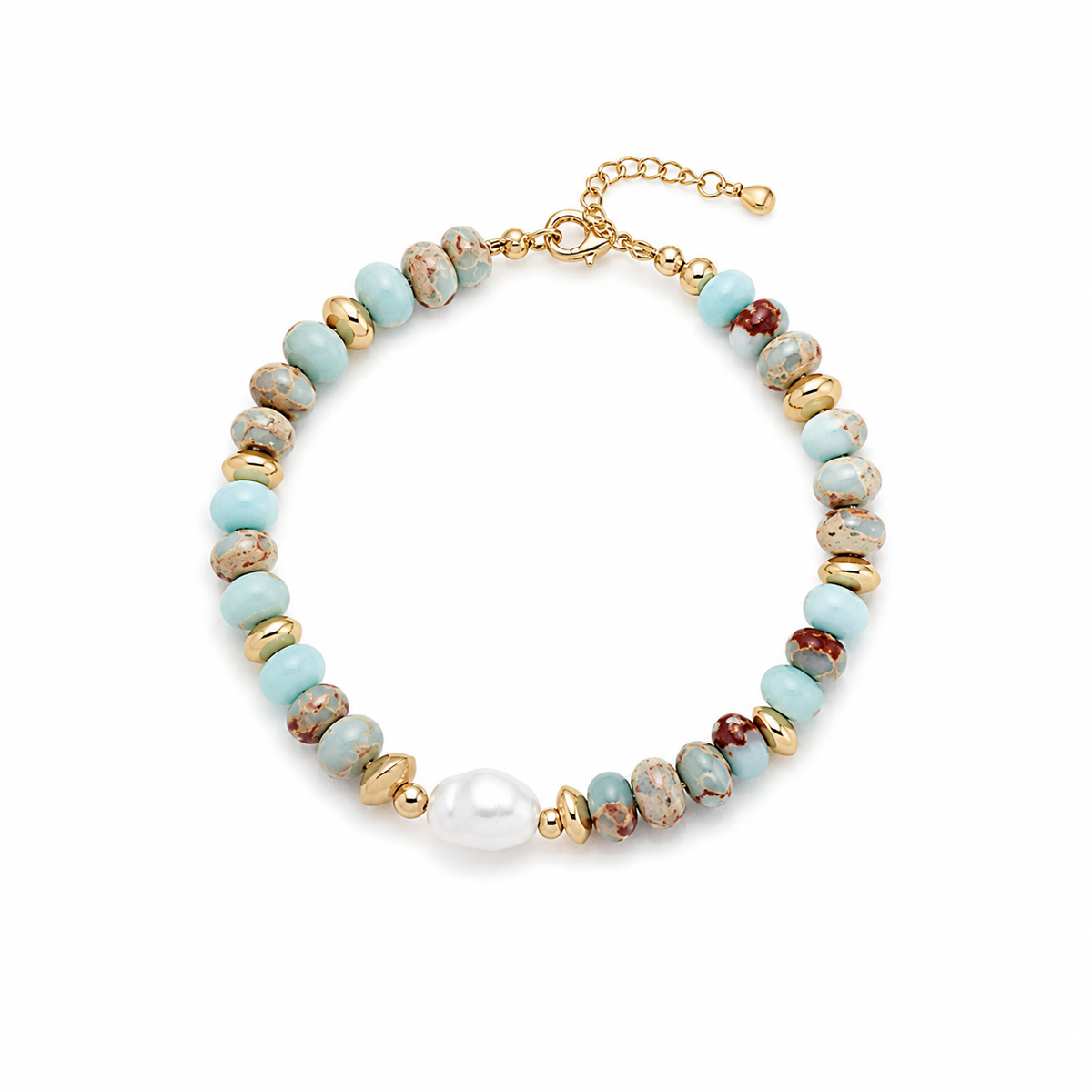 Gold-tone beaded bracelet with turquoise oval stones, a white pearl bead, and lobster clasp