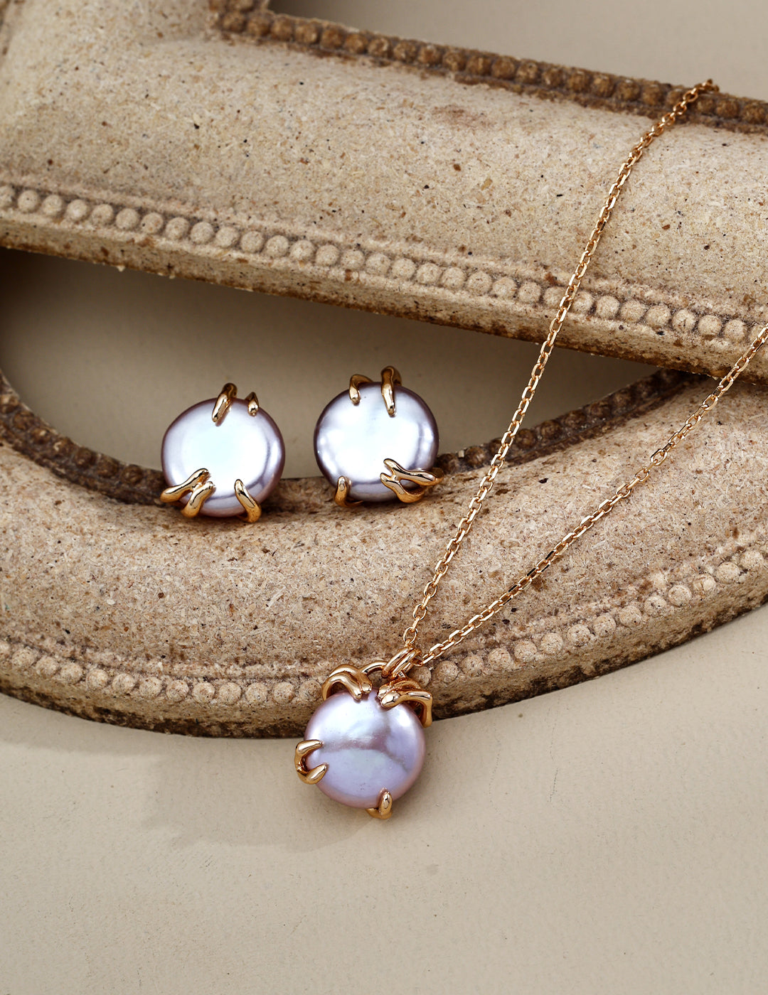 Purple Edison pearl hoop earrings and matching gold-tone pendant necklace set