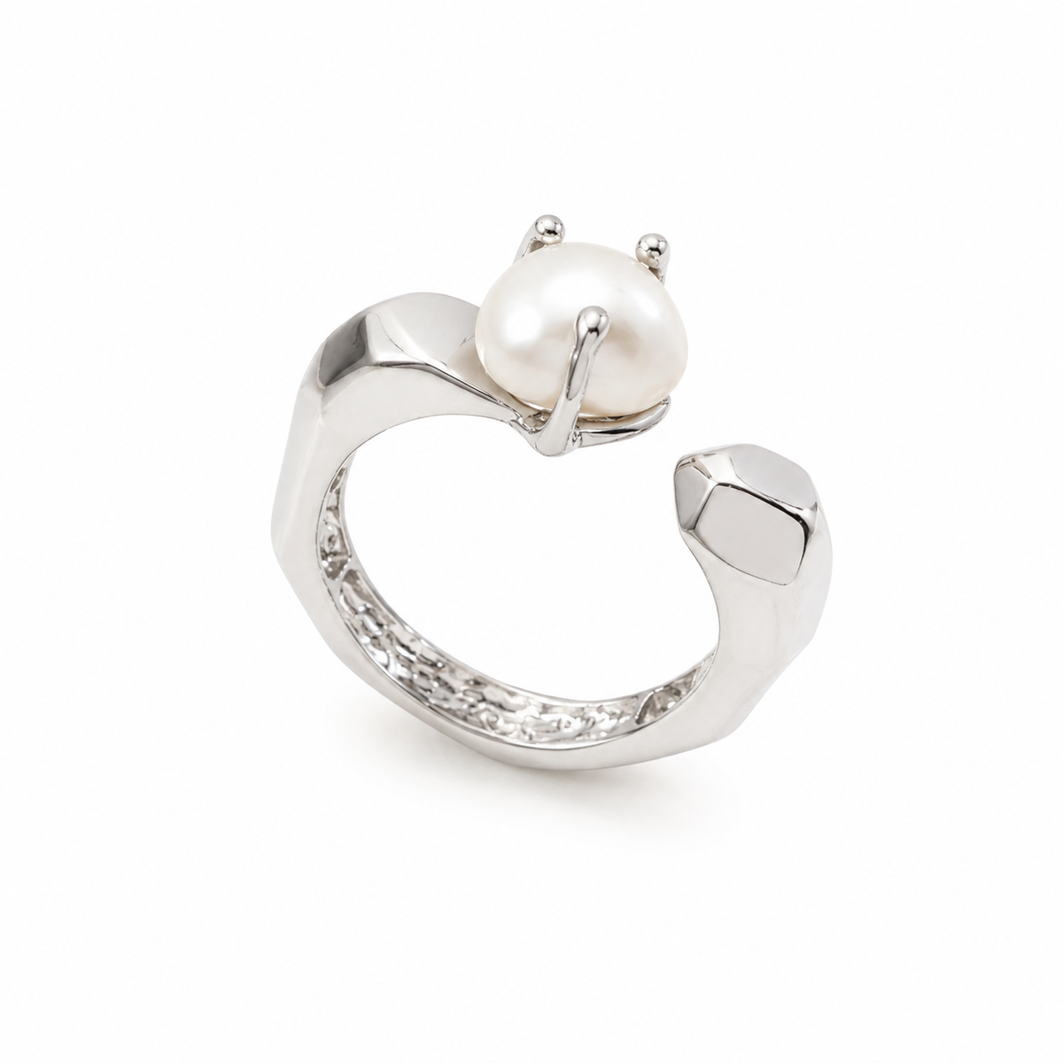 Silver-tone baroque pearl open ring with sculpted band and rhinestone accents