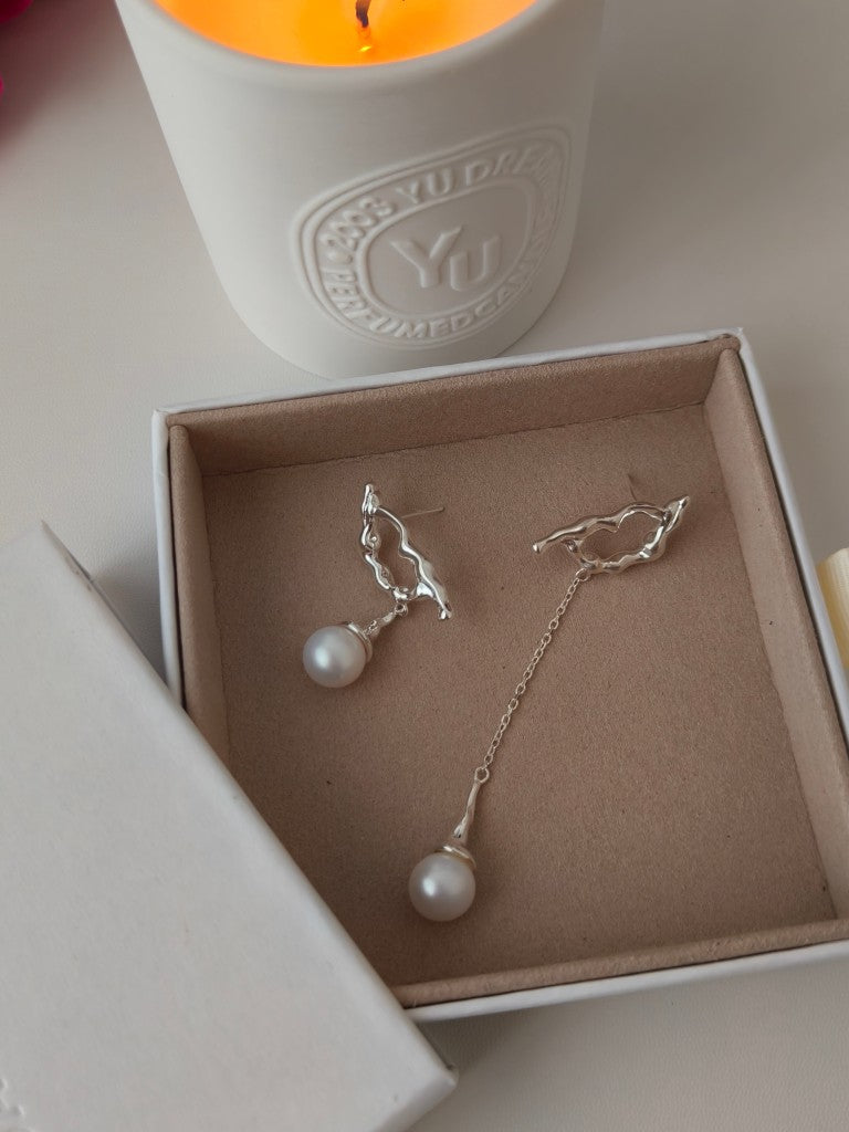 Pearl drop earrings with bird-shaped charms and silver chain from boxed set