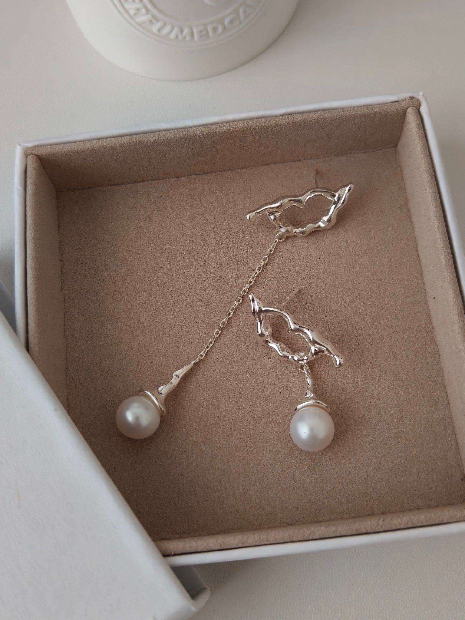 Pearl dangle earrings in a gift box with flying bird charms and silver chain