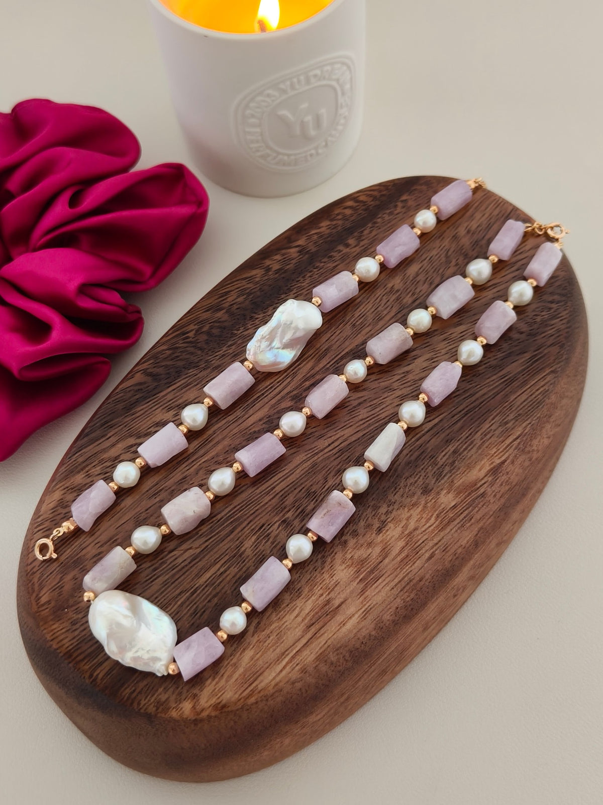 Baroque pearl and kunzite necklace with lavender bars, white pearls, and two iridescent baroque pearls