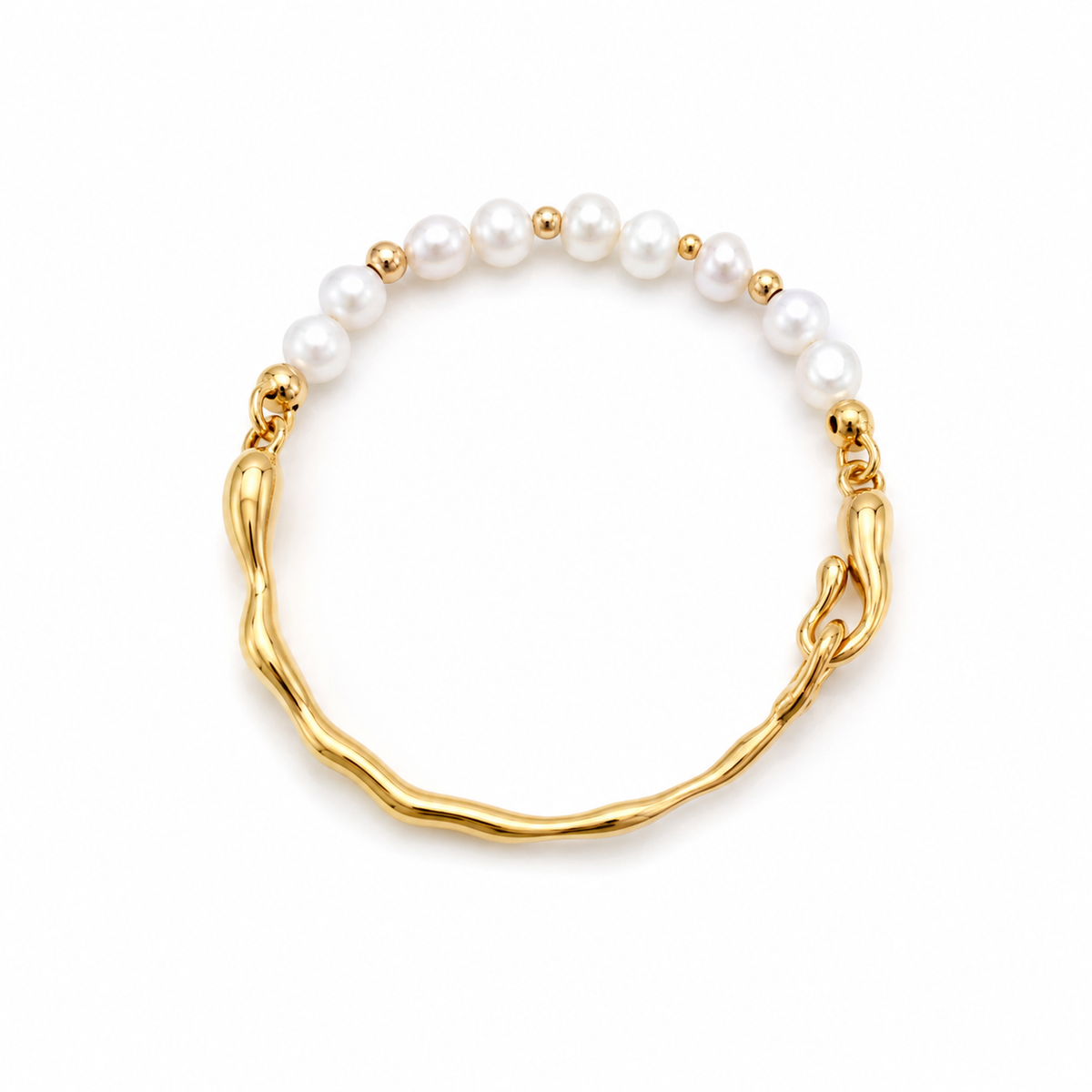 Gold-tone pearl bracelet with round pearl beads and wavy curb-link chain detail