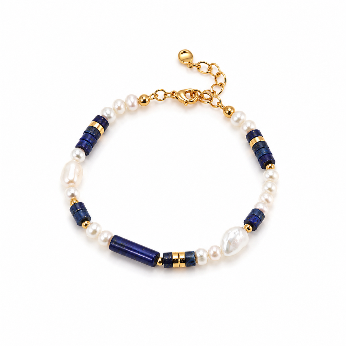 Freshwater pearl and lapis bead bracelet with gold clasp and extender chain