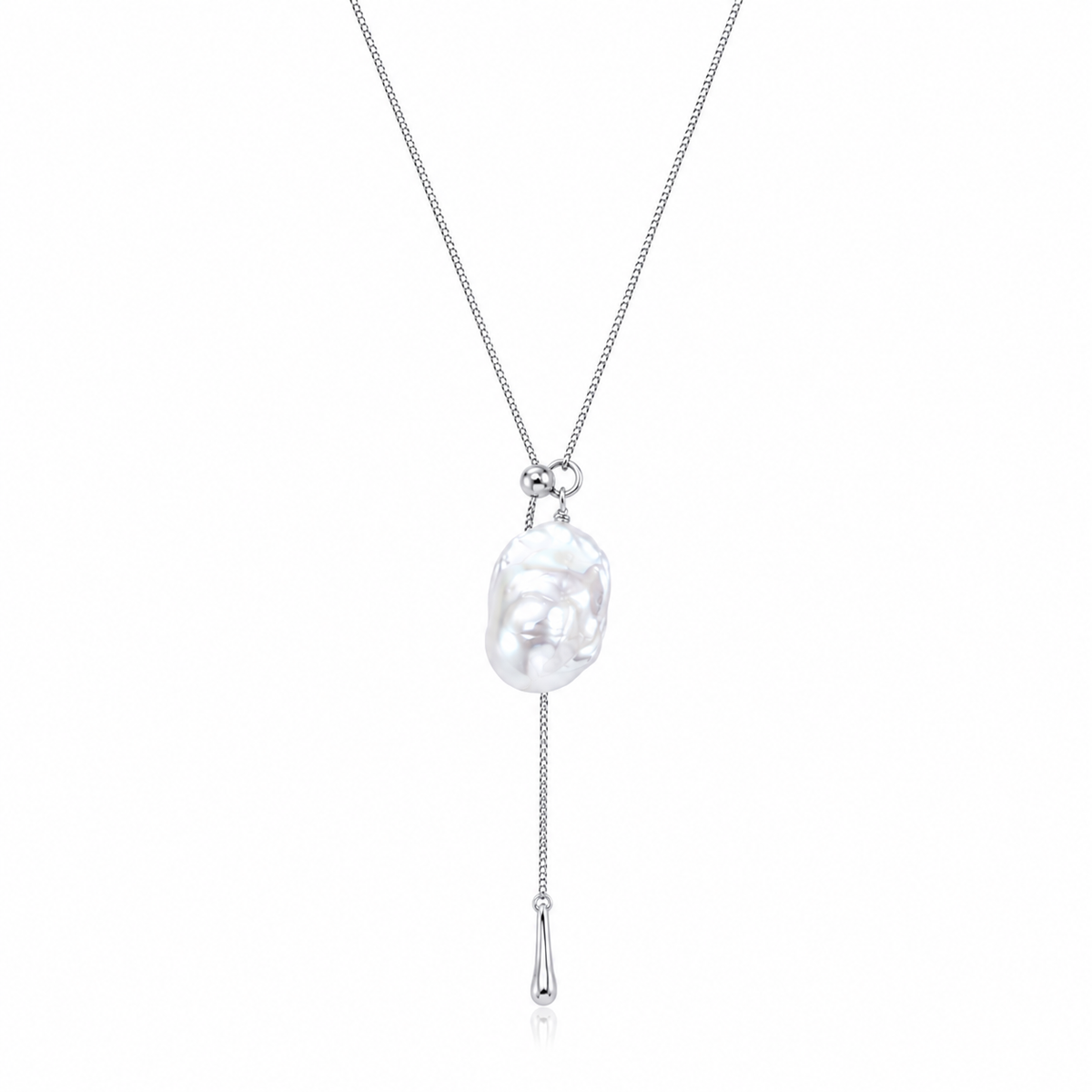 Silver adjustable baroque pearl pendant necklace with clasp and tassel drop