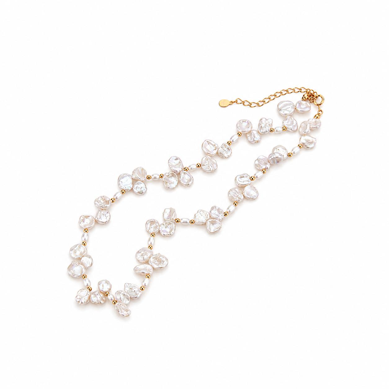 Freshwater pearl necklace with layered pearl clusters and gold clasp