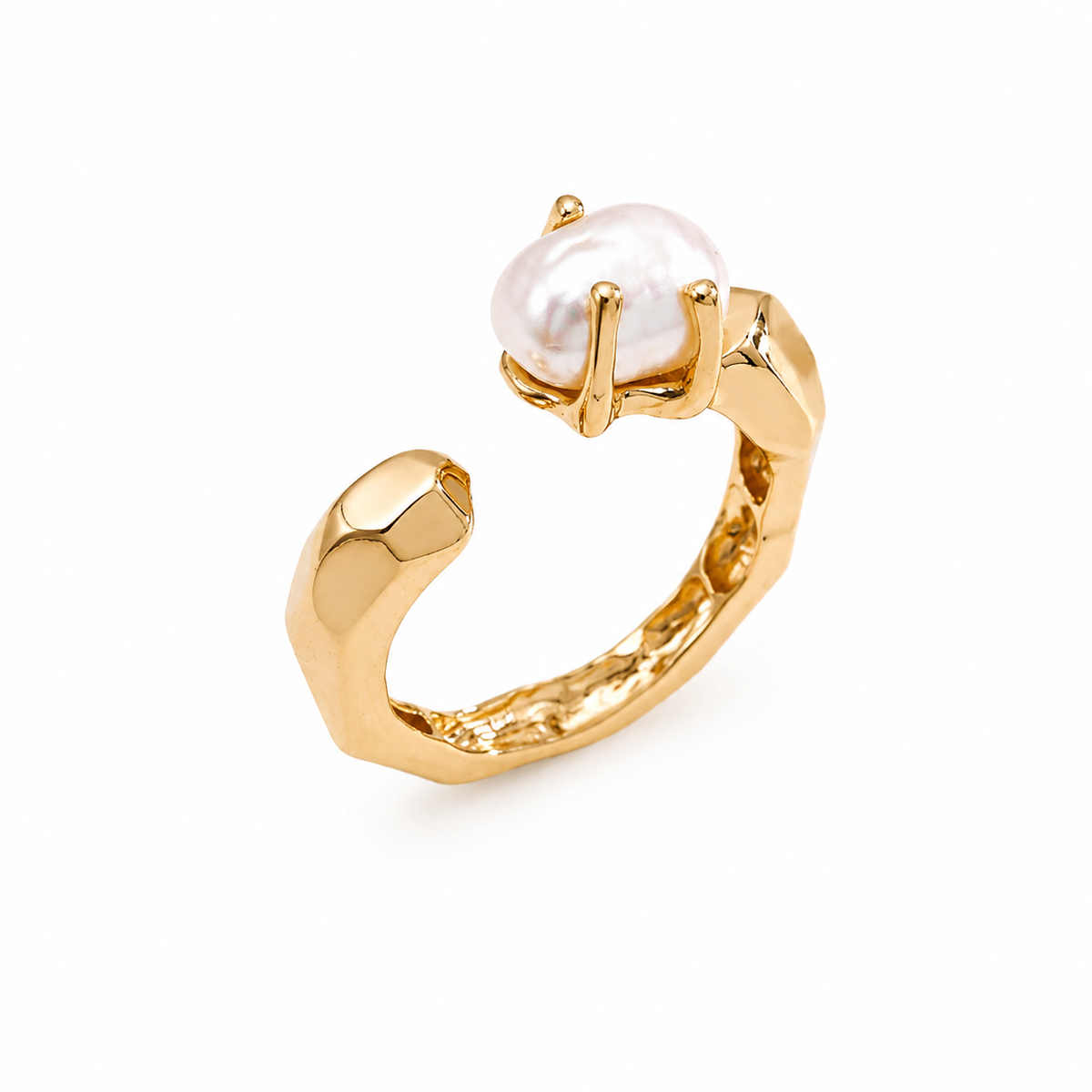 Gold-tone baroque pearl open ring with curved band and decorative prongs