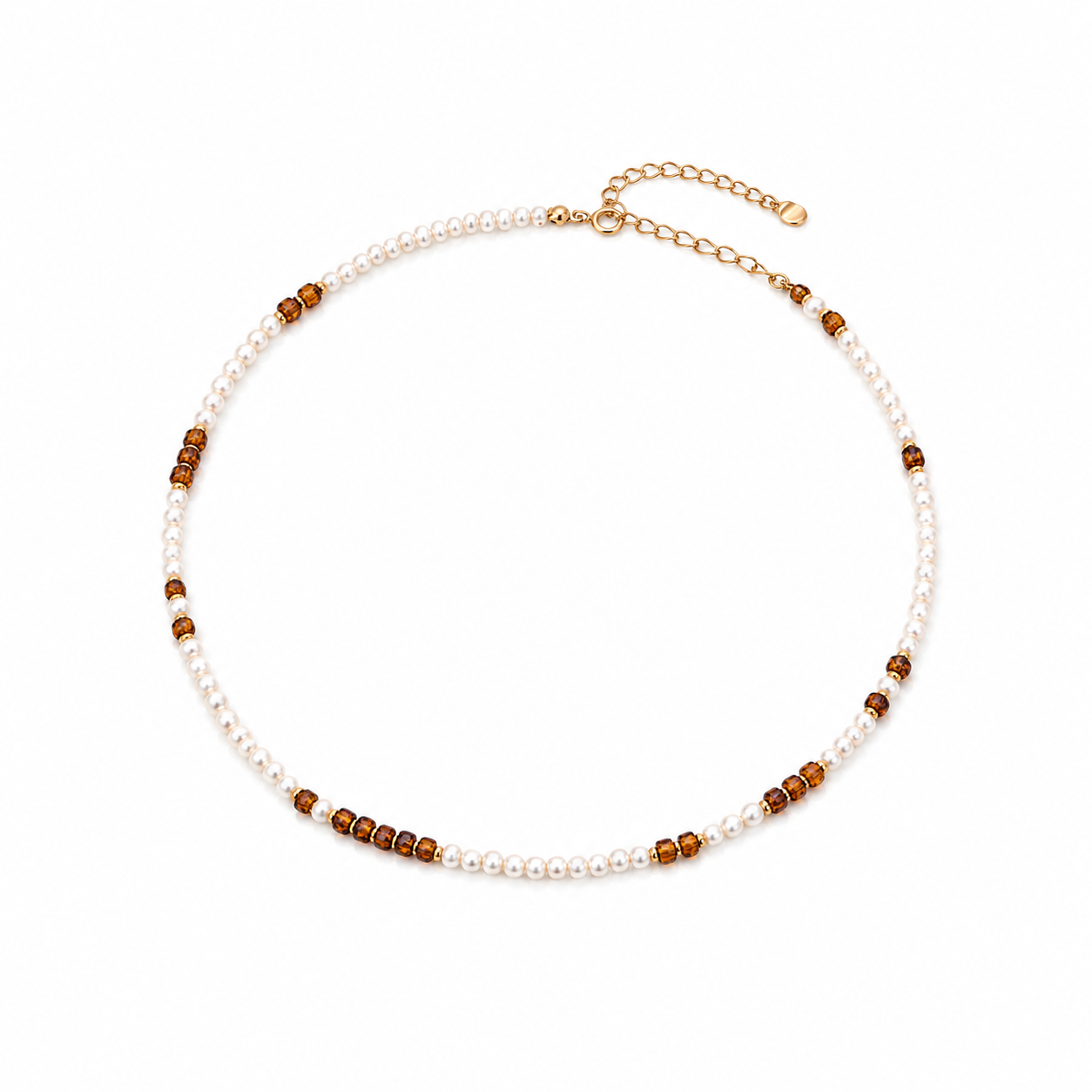 Pearl and amber bead necklace with gold clasp and small dark bead accents