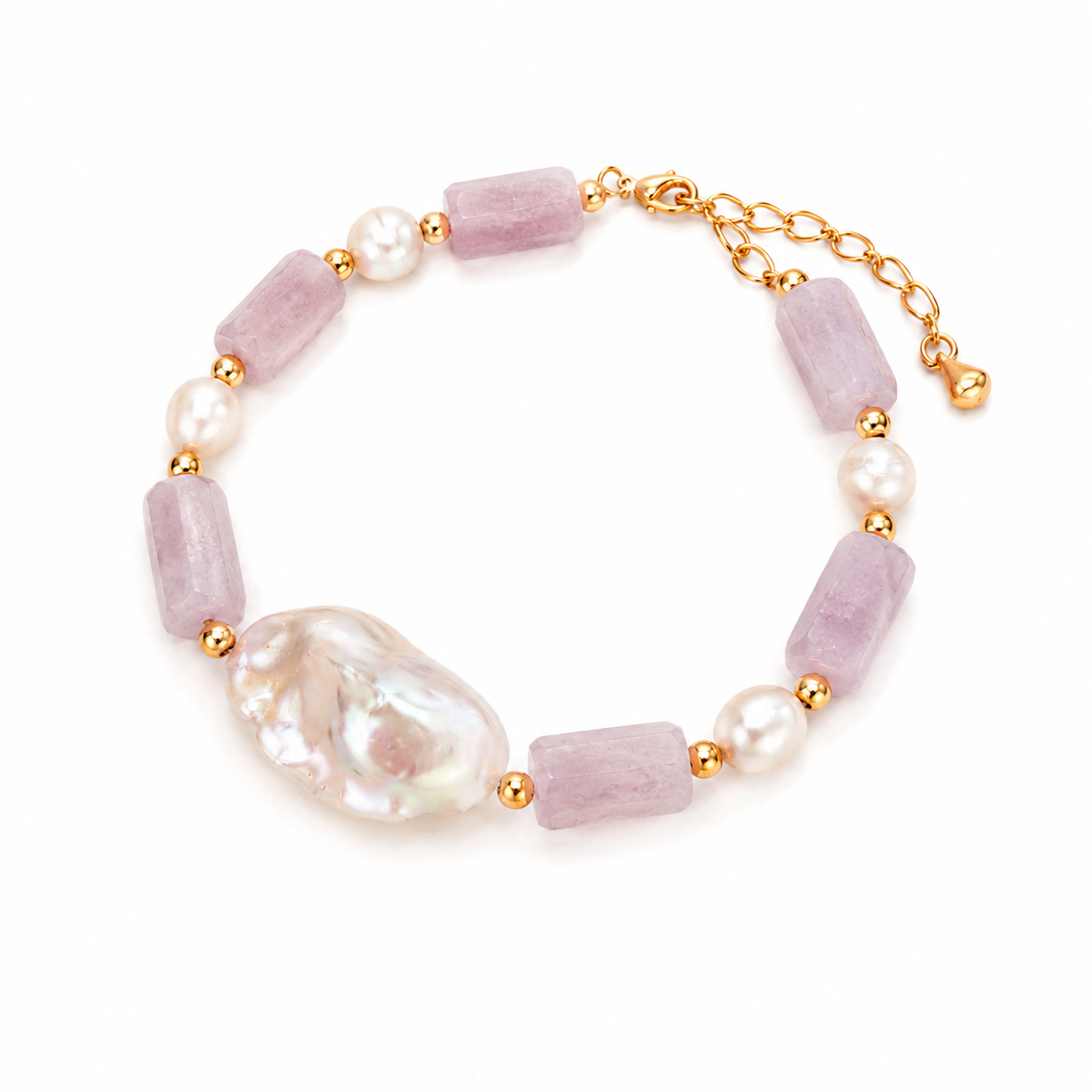 Purple rectangular stone and pearl bead bracelet with gold link chain and clasp