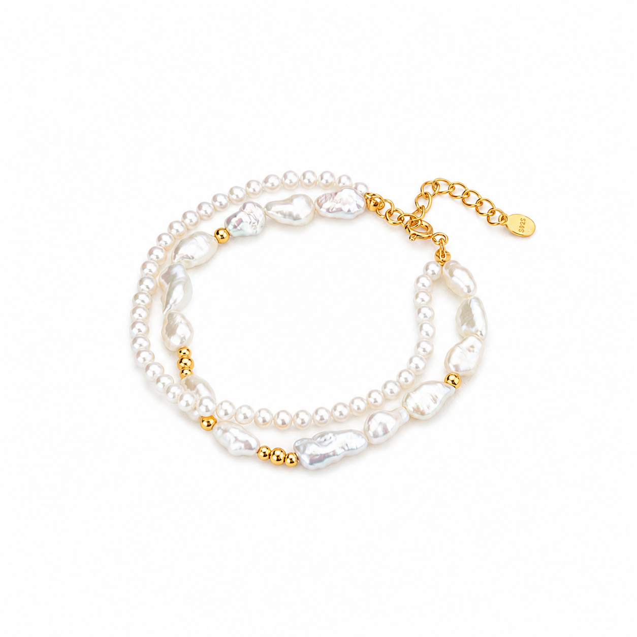 Double-layer freshwater pearl bracelet with gold-tone chain links and clasp