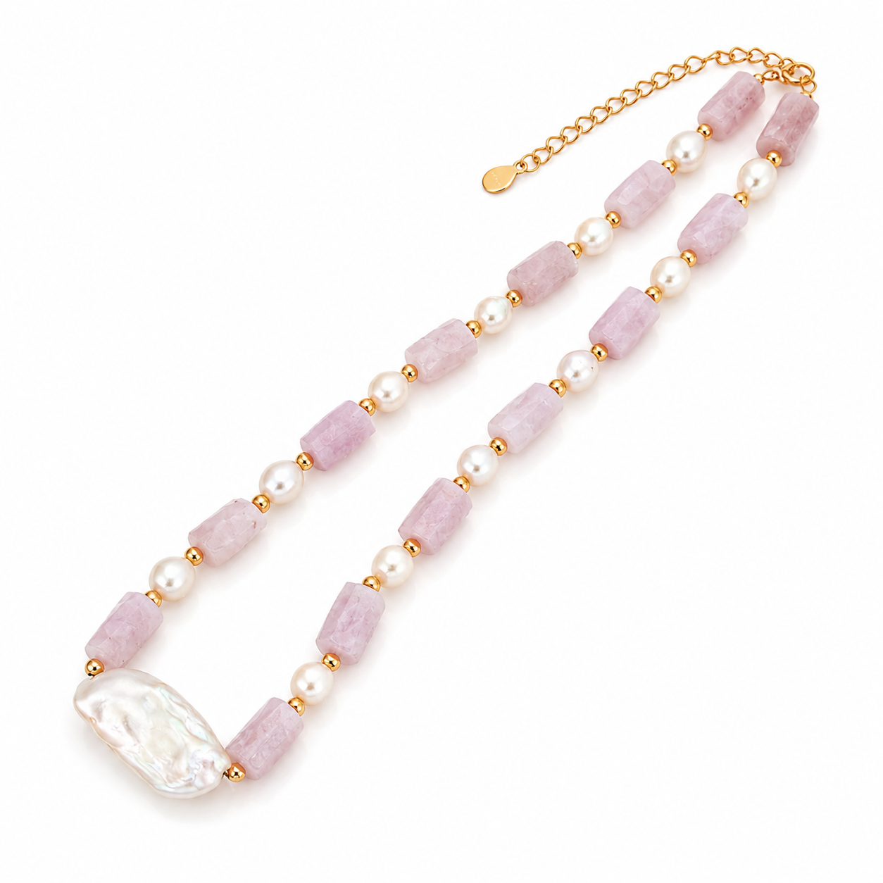 Baroque pearl and kunzite necklace with lavender stone bars, white pearls, gold chain clasp
