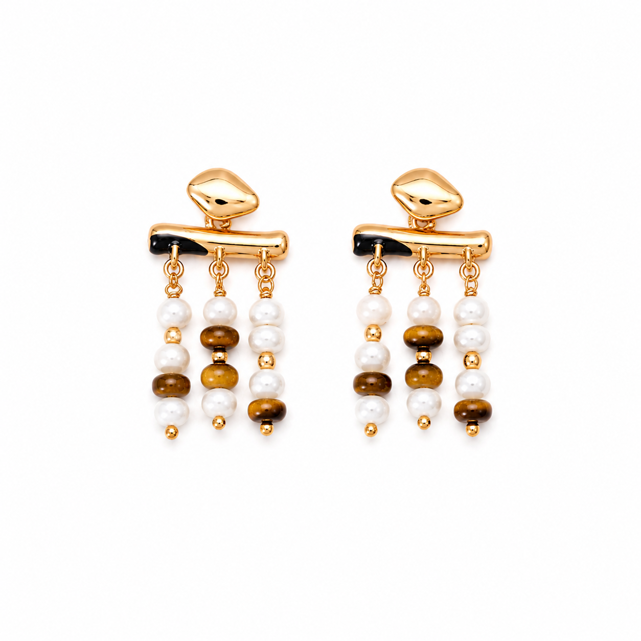 Gold-tone drop earrings with white pearls and brown tiger eye beads