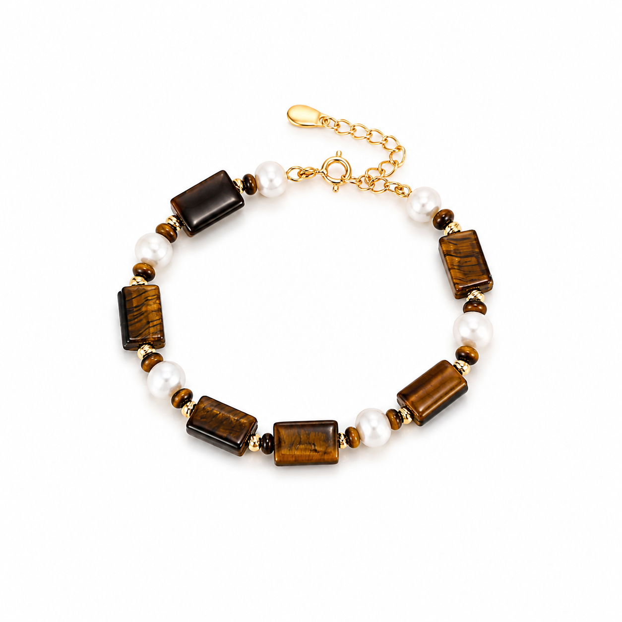 Gold-tone beaded bracelet with tiger eye and white pearl beads, link chain clasp