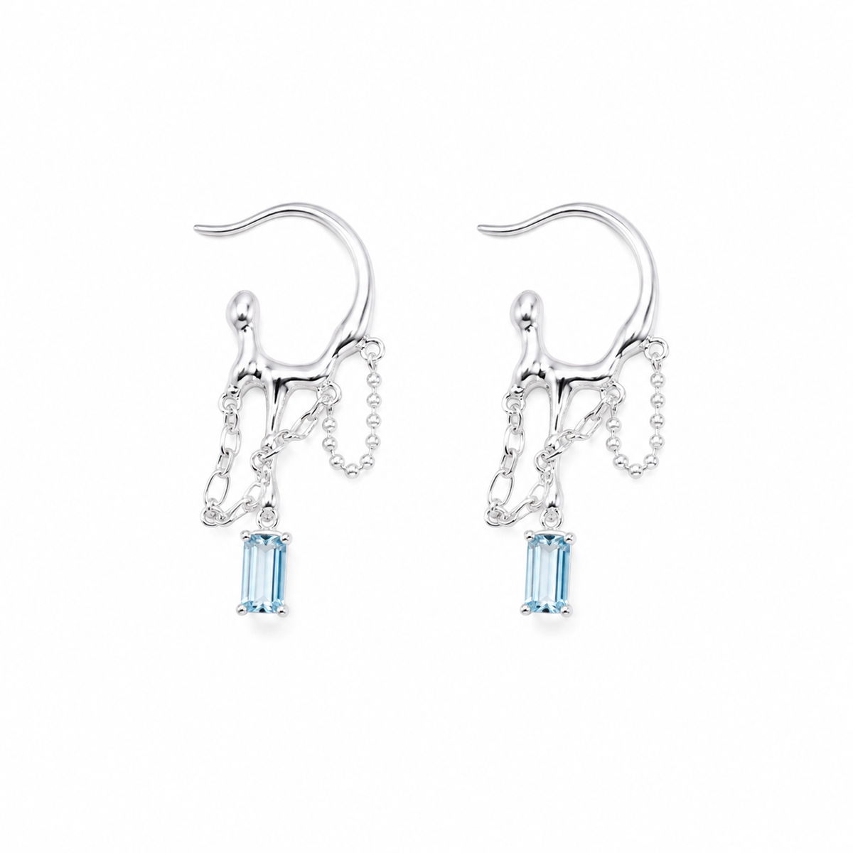 Silver-tone hoop drop earrings with blue baguette stones and bead chain strands
