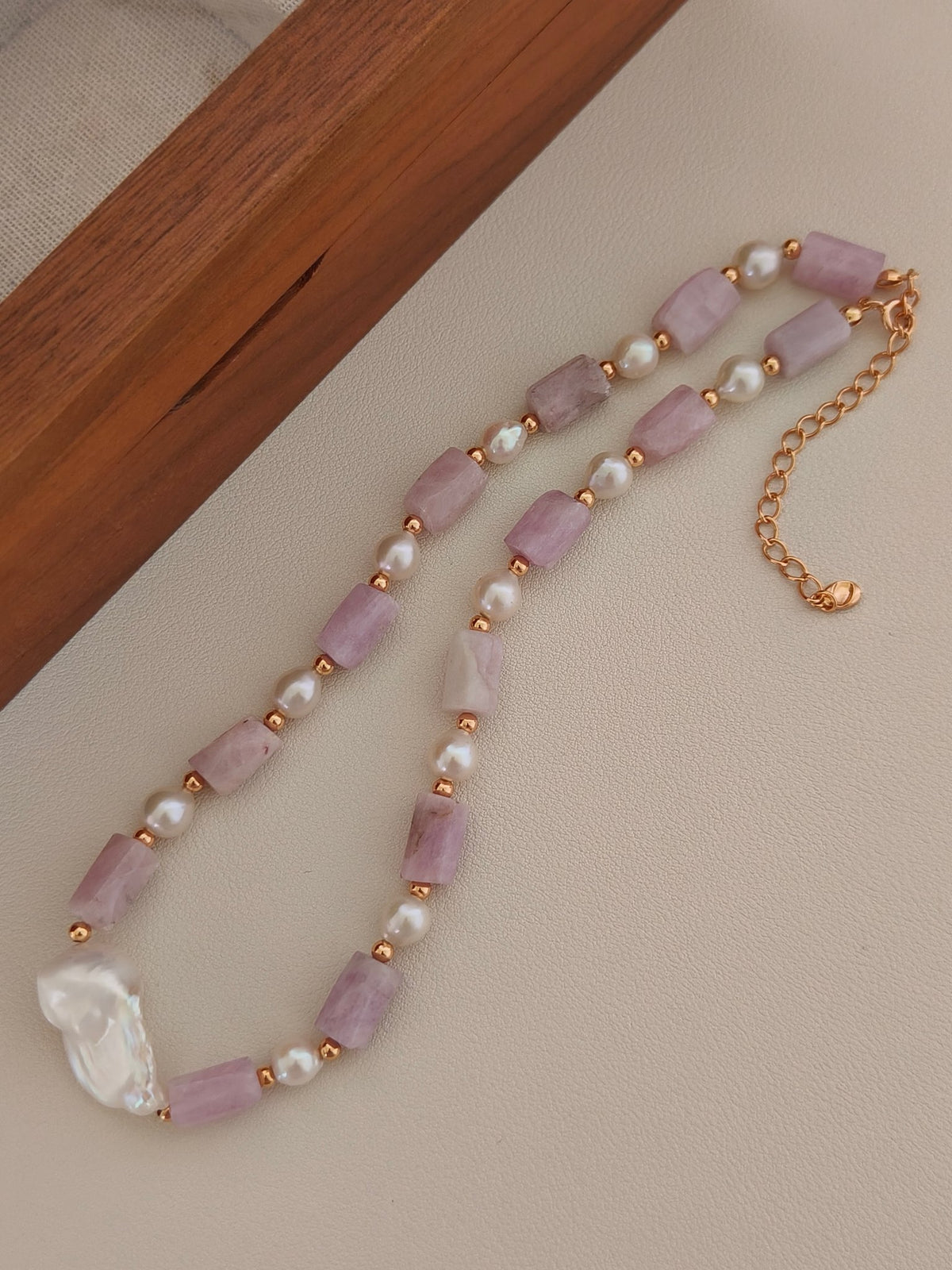 Baroque pearl and kunzite necklace, lavender rectangular stones with white pearls and gold links