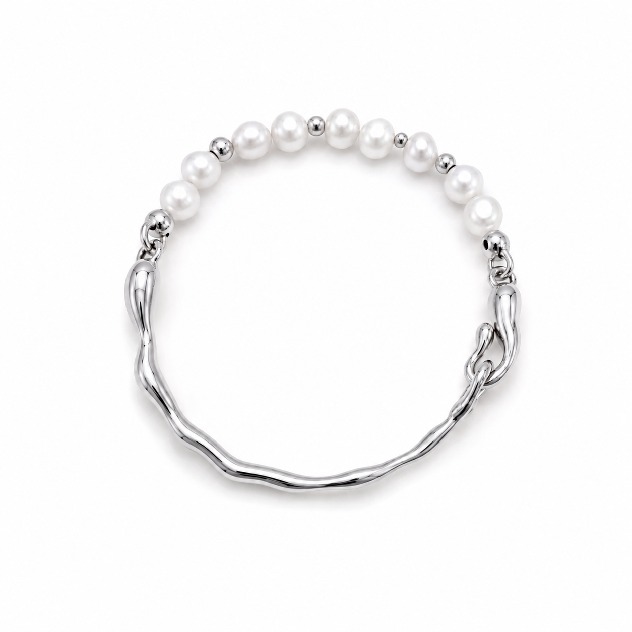Silver-tone pearl bracelet with round pearl beads and wavy curb-link chain detail