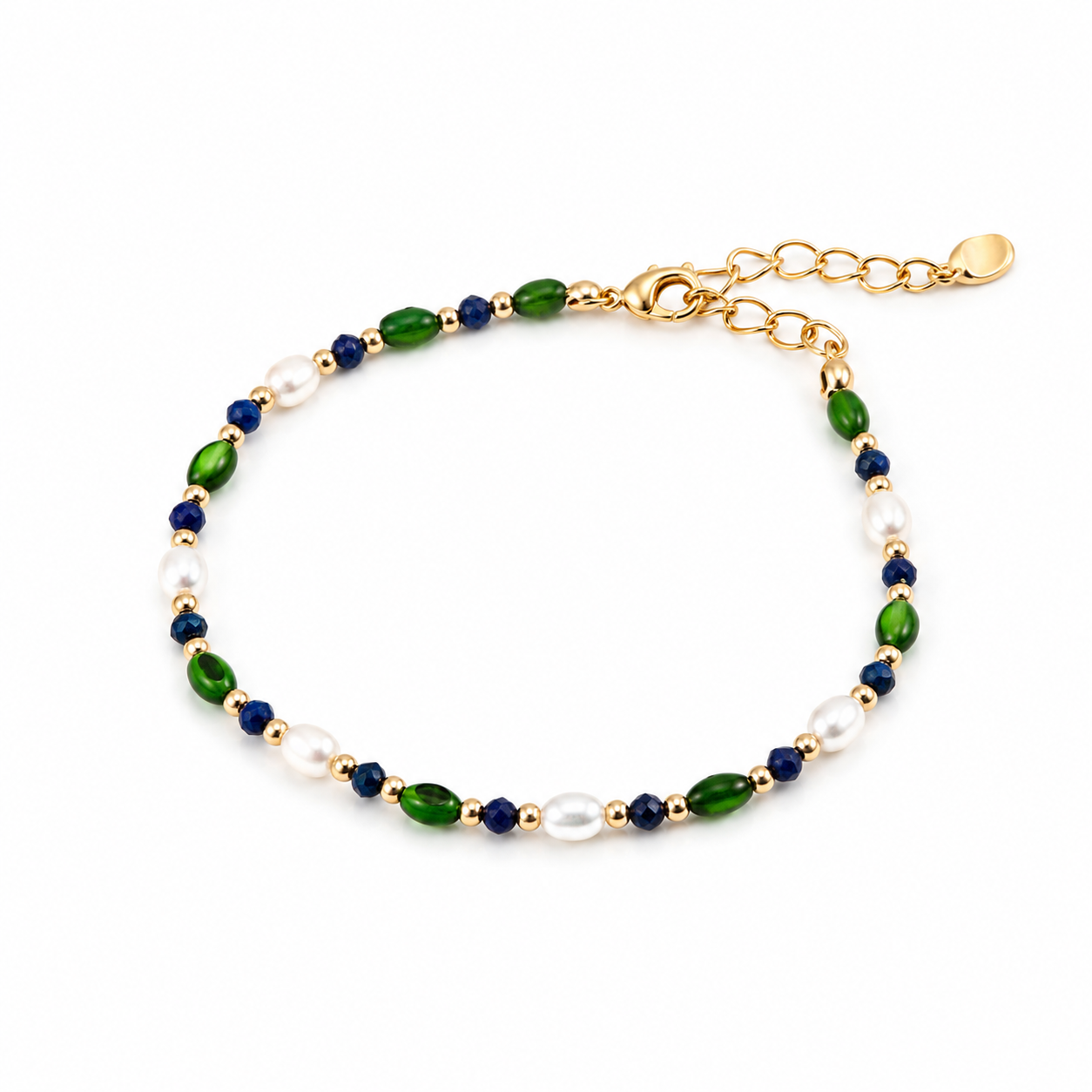 Beaded bracelet with green and blue beads, white pearls, and gold chain clasp