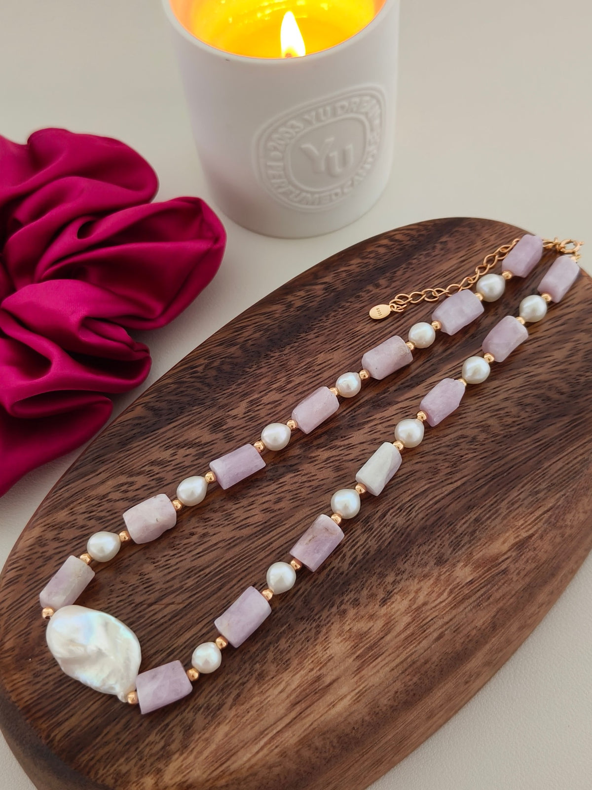 Baroque pearl and kunzite necklace with pale lavender stone bars, white pearls, gold chain