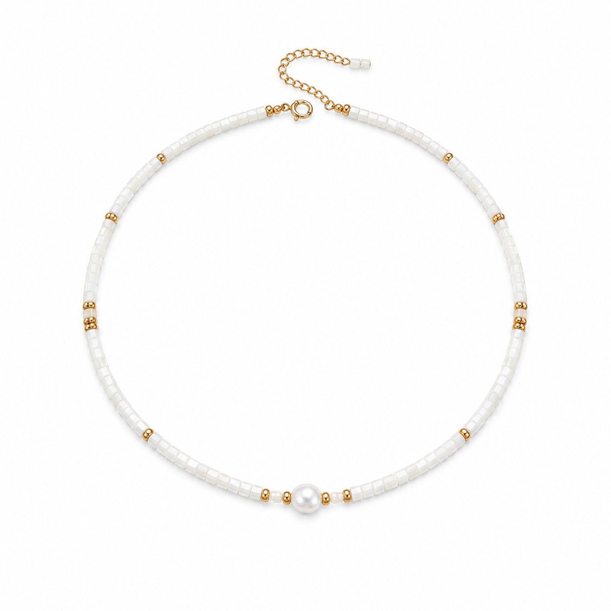 White shell bead necklace with gold accents and a central pearl.