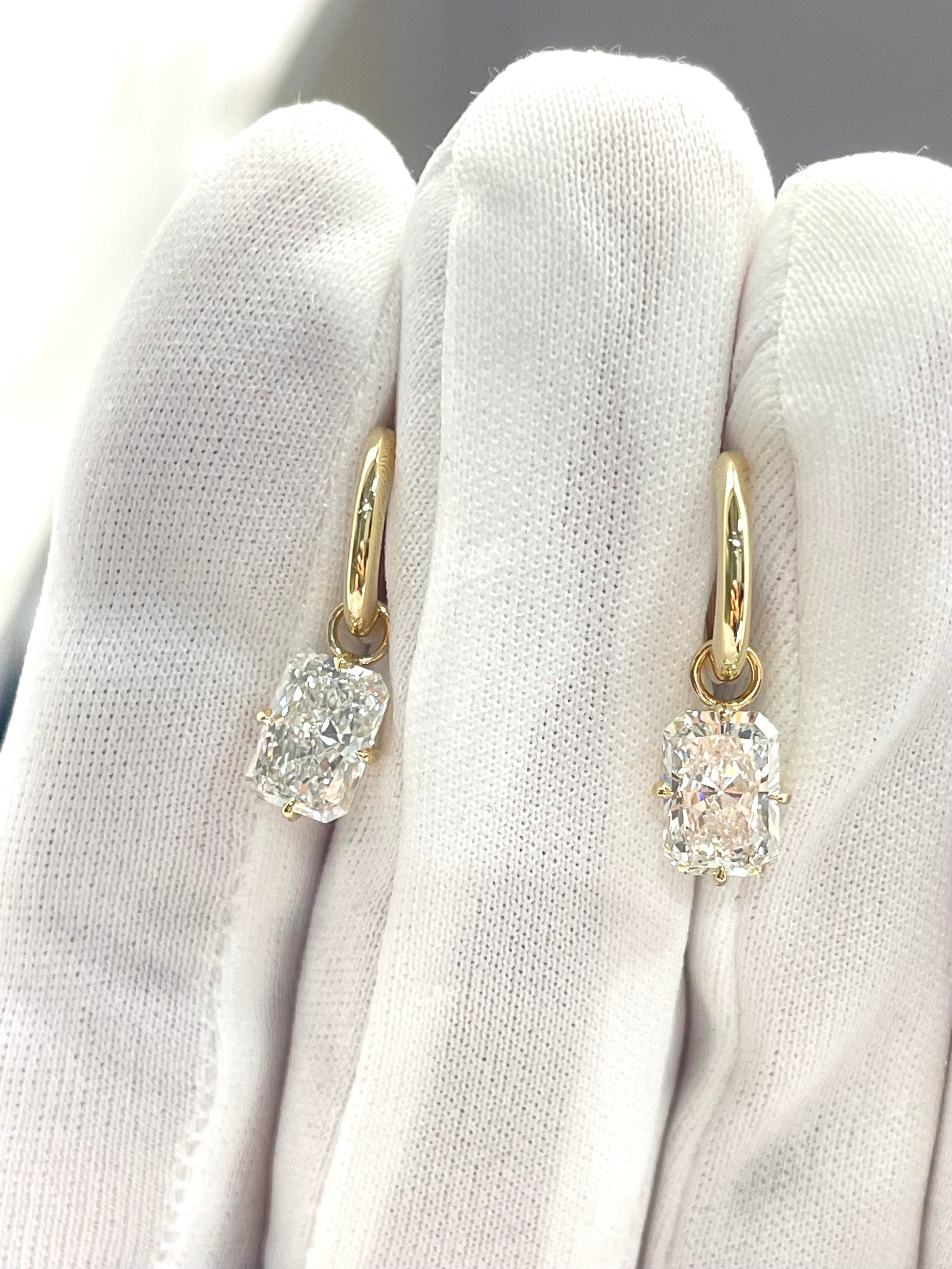 Gold-tone diamond drop earrings, square-cut lab diamonds with thin hoop links