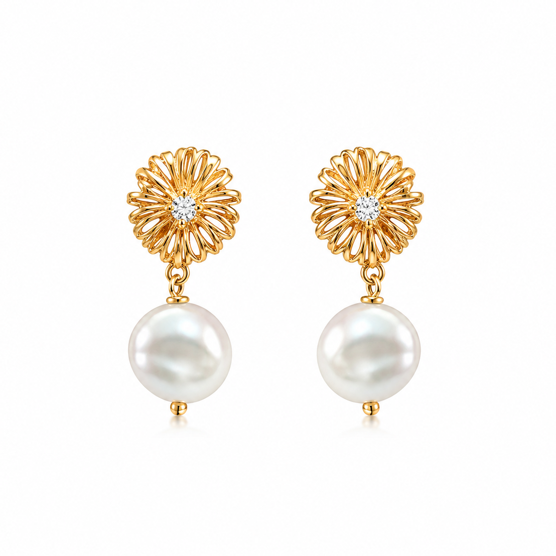 Gold filigree pearl drop earrings with faceted crystal and round white pearls