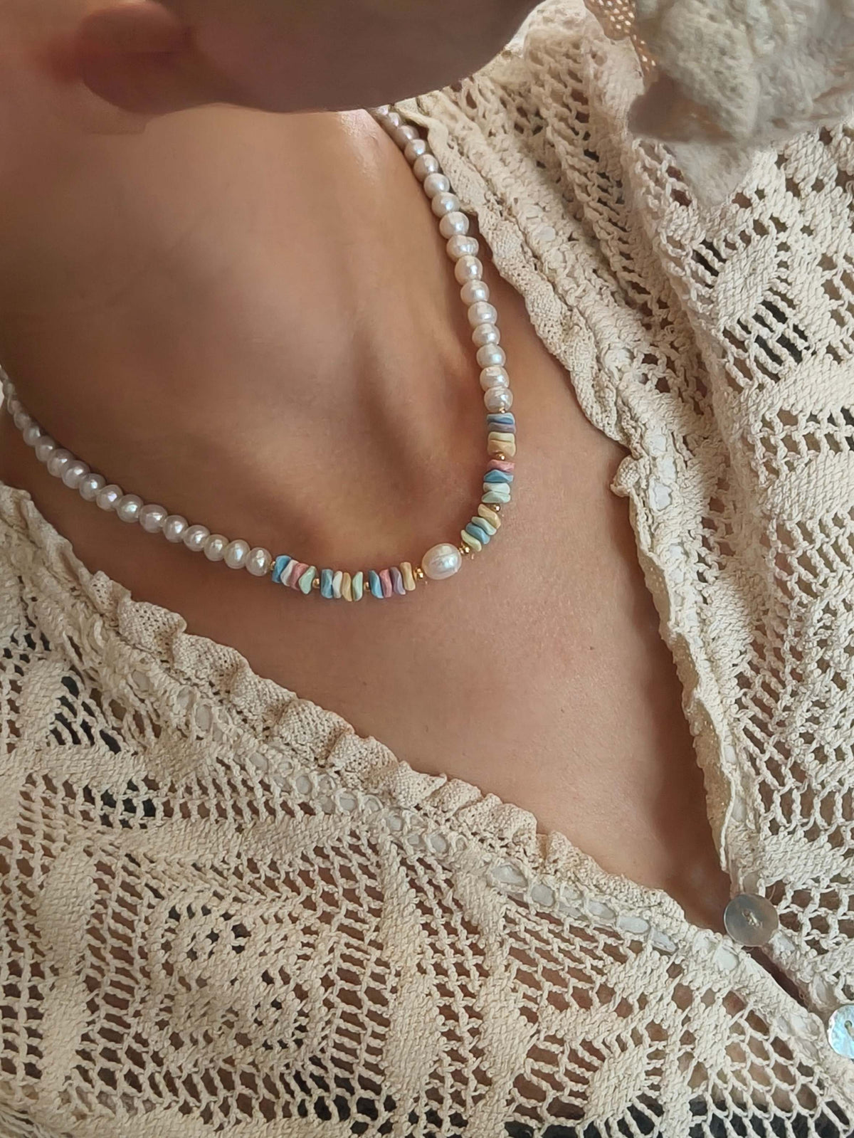 Freshwater pearl necklace with multicolor rainbow stone beads, layered strand