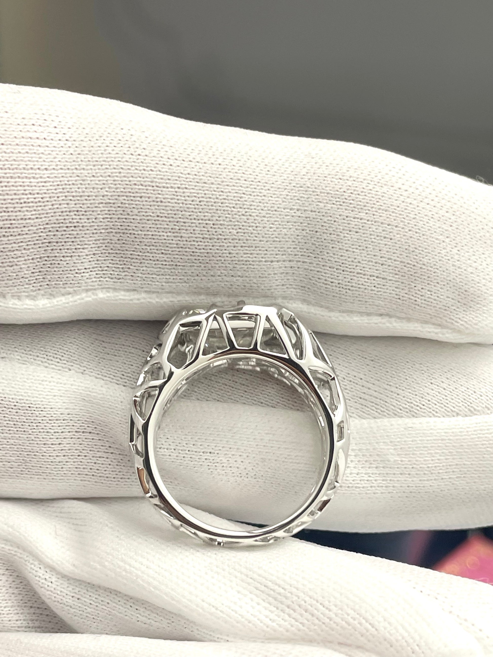 Silver-tone lab diamond ring with openwork band and prong-set round center