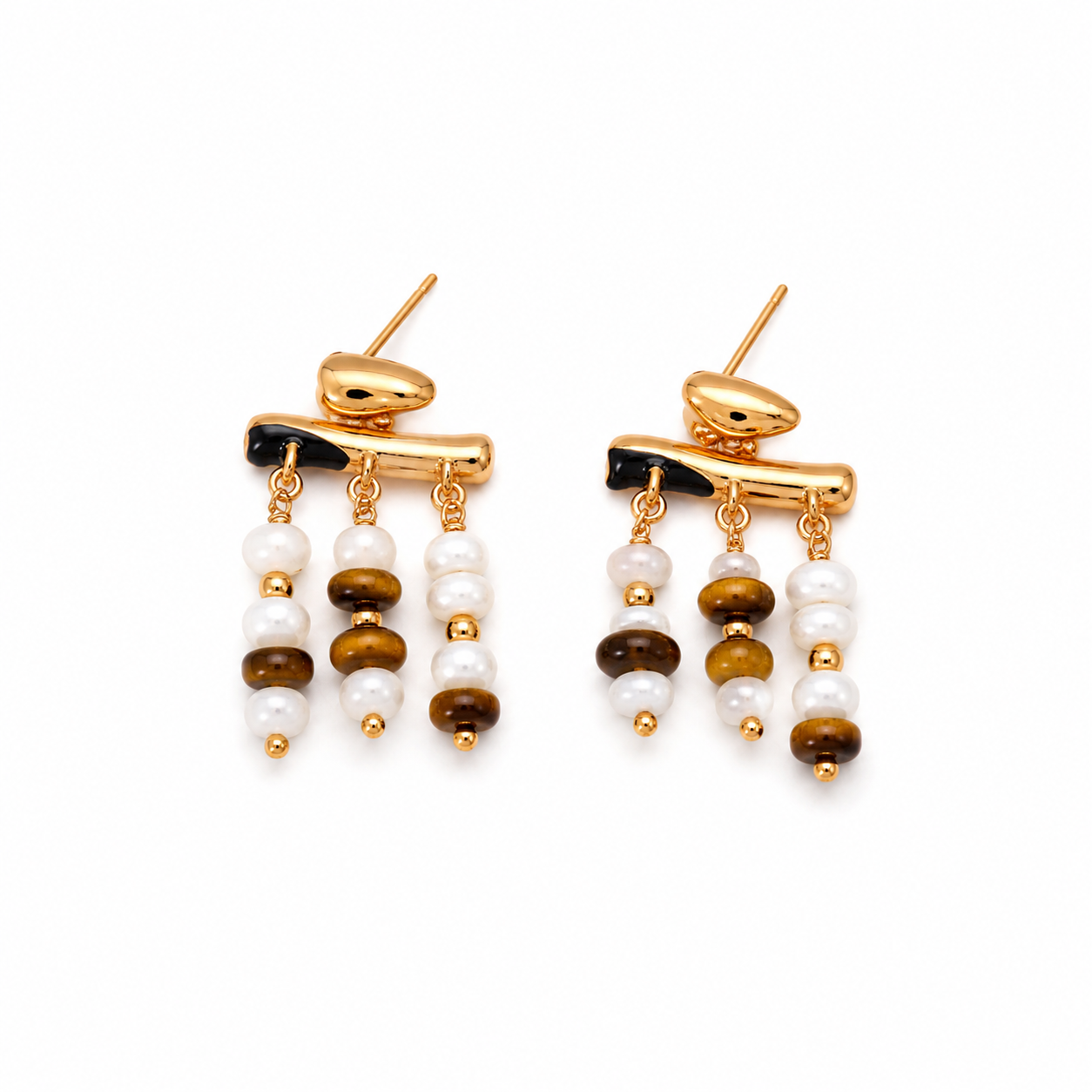 Gold-tone drop earrings with dangling pearl and tiger eye bead strands