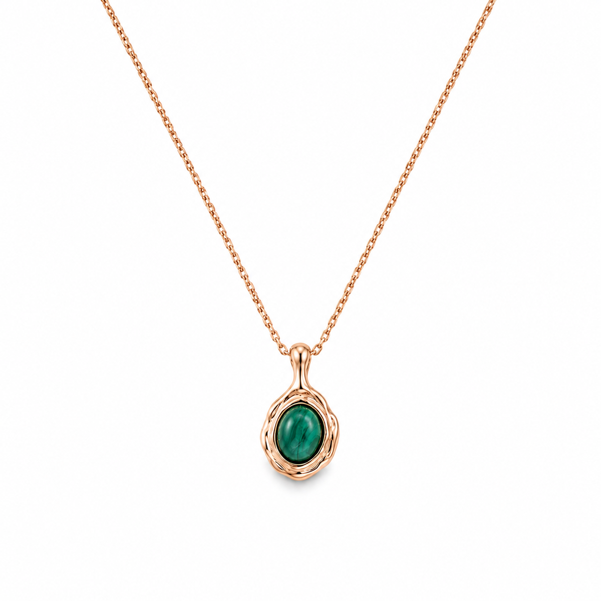 Gold-tone pendant necklace with oval green malachite stone in scalloped bezel