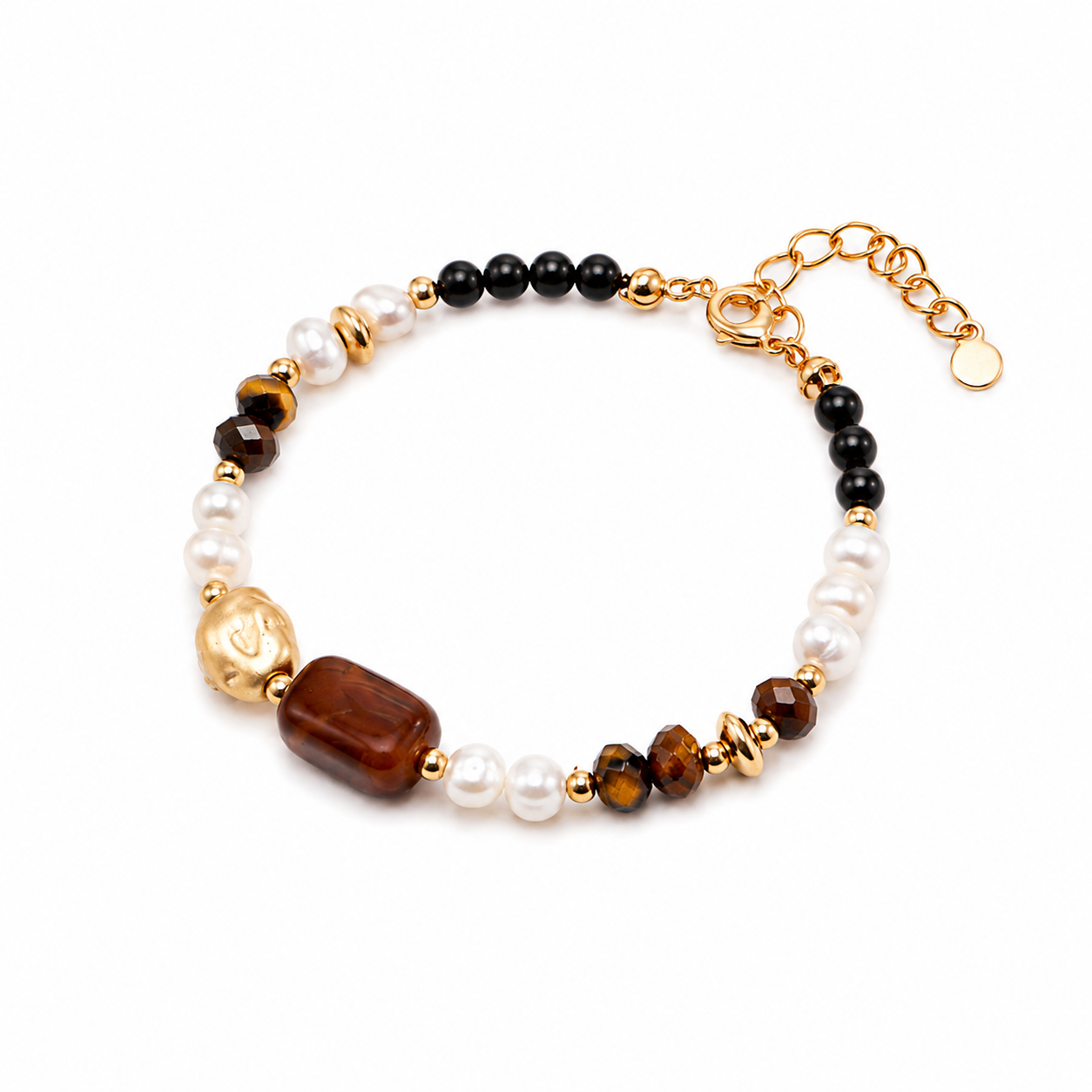 Vintage beaded bracelet with tiger eye, white pearls, black beads, and gold chain clasp