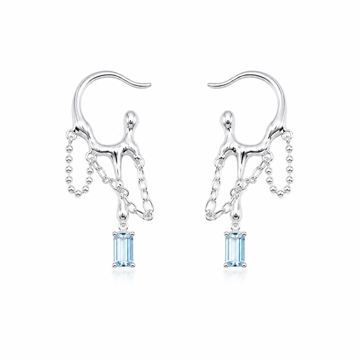 Silver-tone drop earrings with blue square stones and dangling chain accents