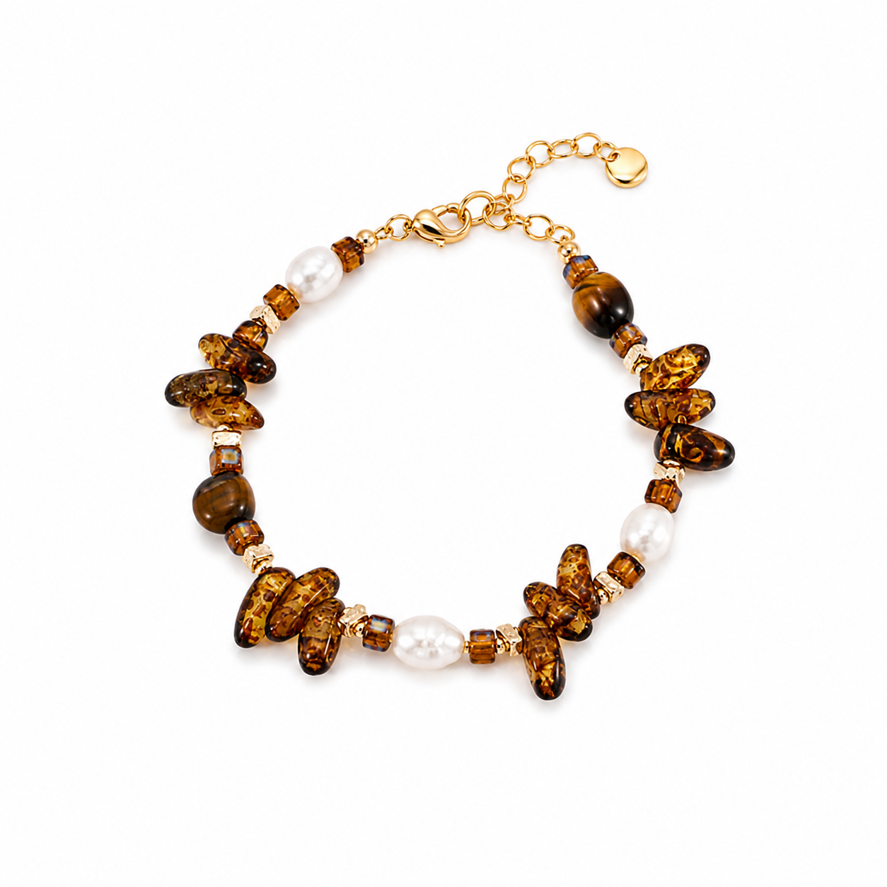 Gold-tone beaded bracelet with tiger eye and white pearls, Czech glass accents