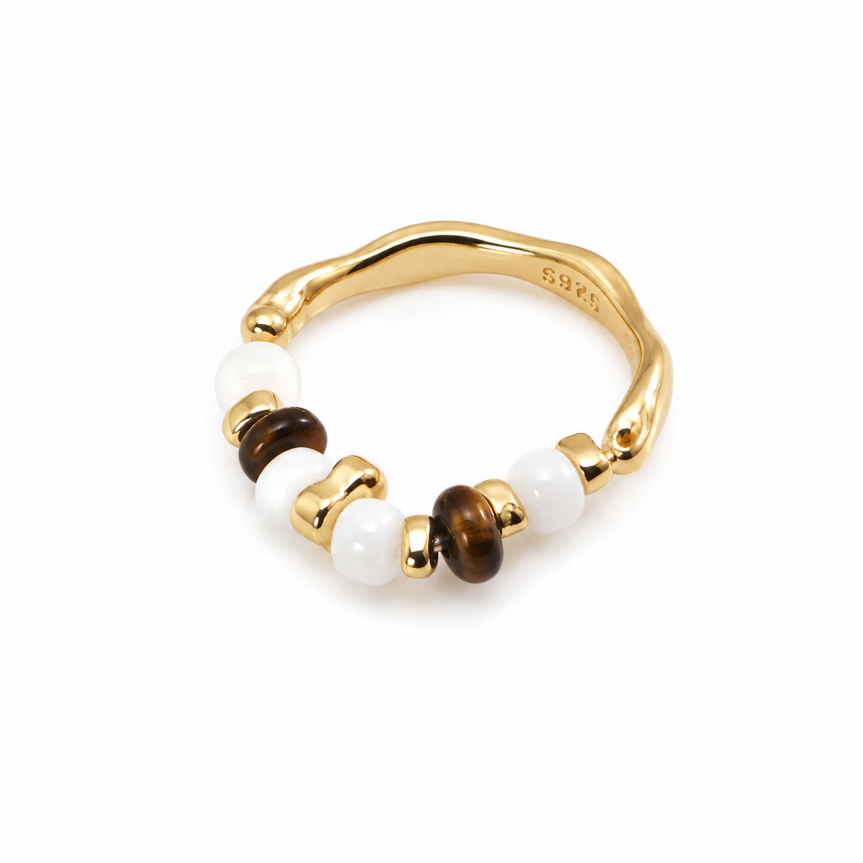 Gold-tone beaded ring with white shell beads and dark tiger eye accents