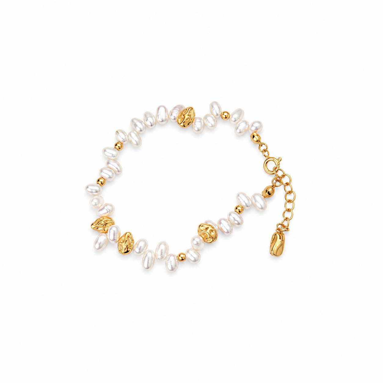 Freshwater pearl bracelet with gold bead accents and charm links