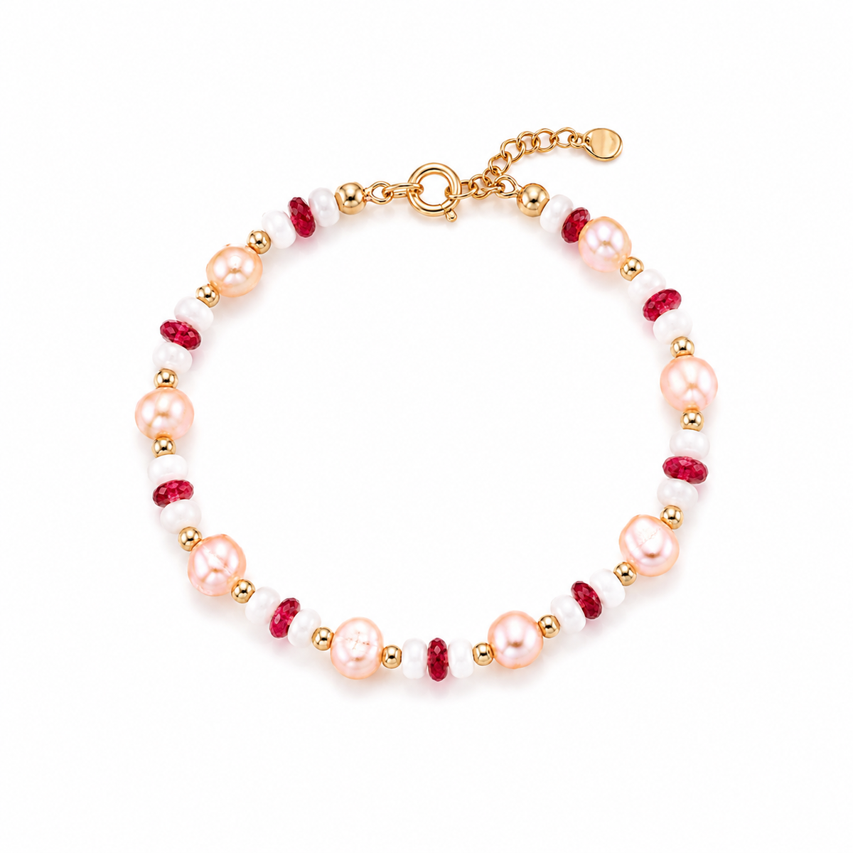 Beaded pearl bracelet with pink pearls, red bead accents, gold-tone clasp and chain