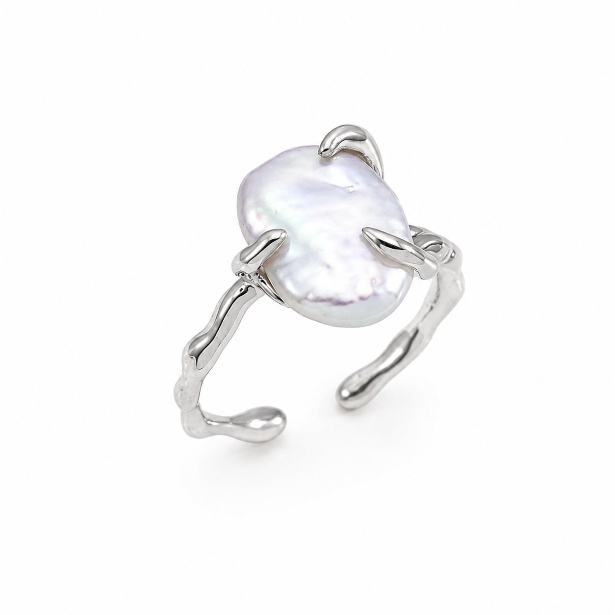 Silver statement ring with iridescent baroque pearl and sculpted open prong band