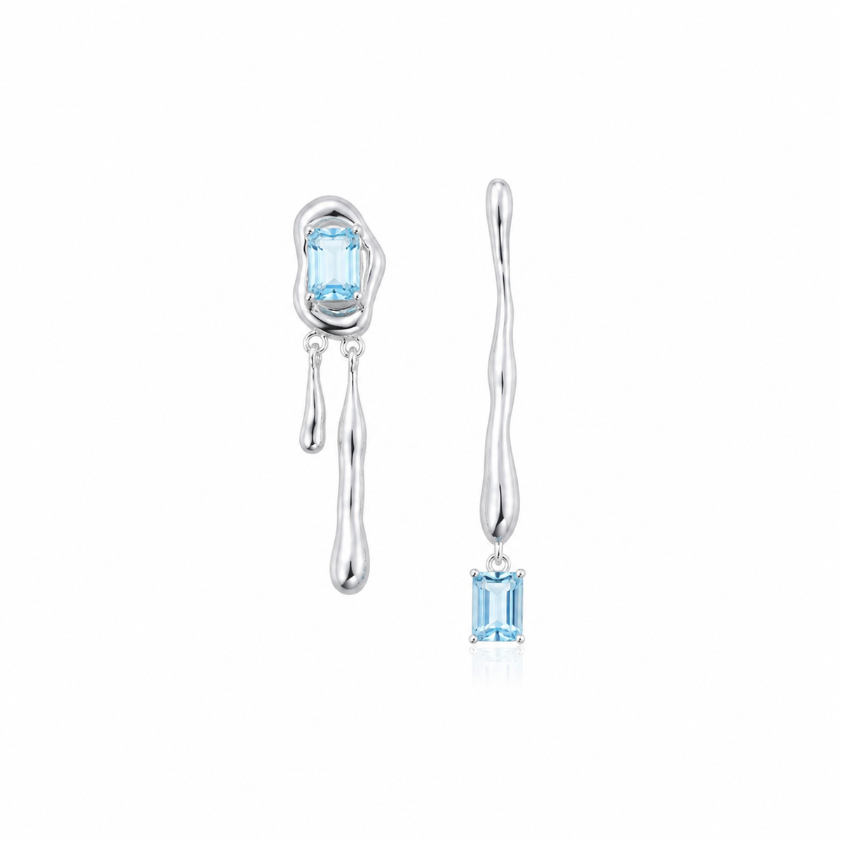 Silver-tone asymmetrical earrings with blue square gemstone and dangling teardrop drops