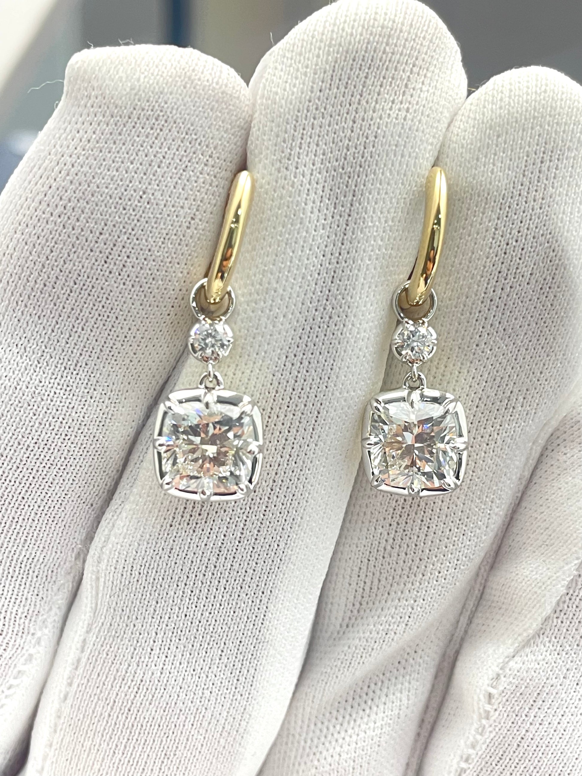 Gold hoop drop earrings with cushion-cut diamond drop squares